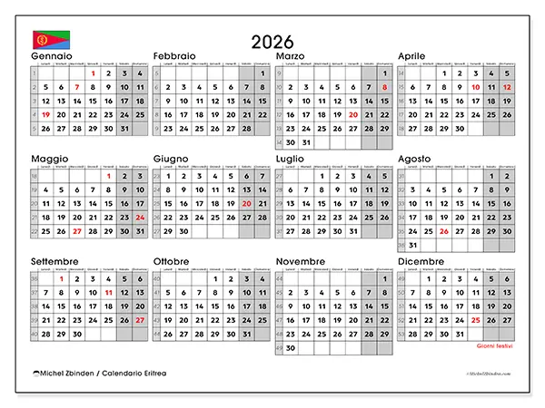 Calendario annuale 2026 da stampare - Eritrea