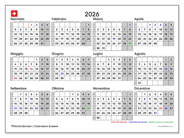 Calendario annuale 2026 da stampare - Svizzera