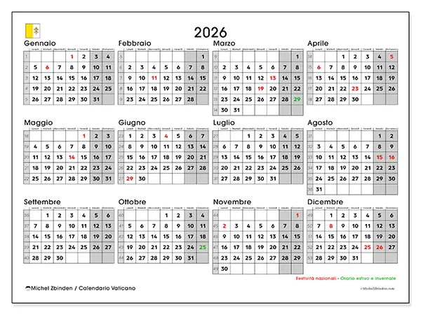 Calendario annuale 2026 da stampare - Vaticano