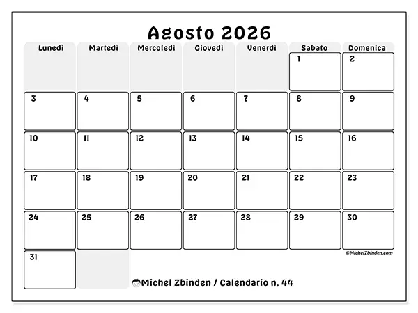 Calendario agosto 2026 da stampare