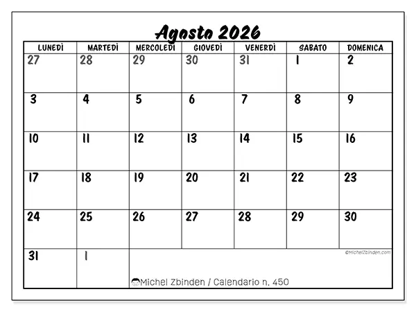 Calendario agosto 2026 da stampare - Organizzazione dettagliata