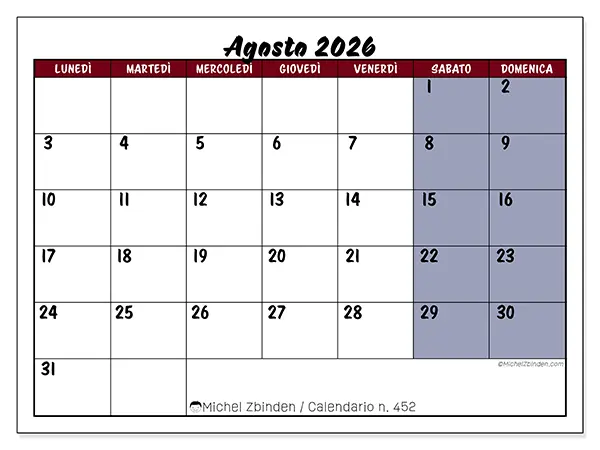 Calendario agosto 2026 da stampare - Produttività a colori