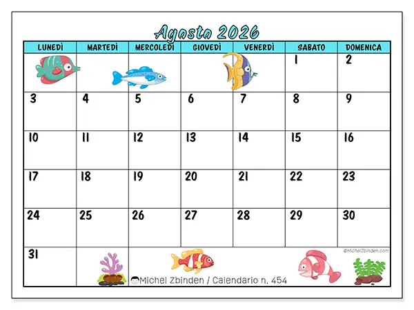 Calendario agosto 2026 da stampare - Pesci colorati