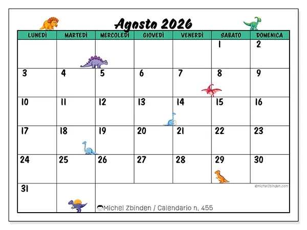 Calendario agosto 2026 da stampare - Piccoli dinosauri