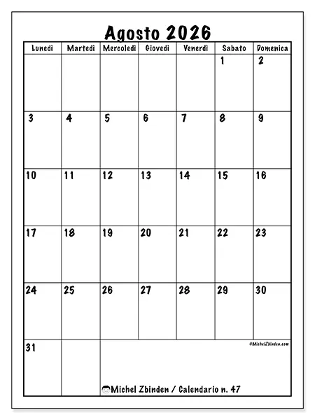 Calendario agosto 2026 da stampare - Pianificazione efficiente