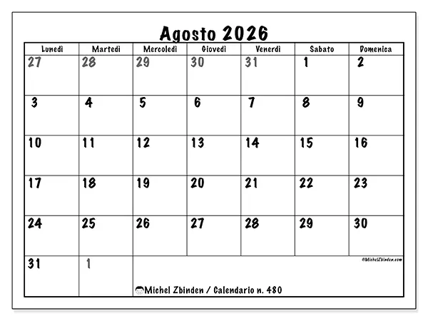 Calendario agosto 2026 da stampare - Pianificazione completa