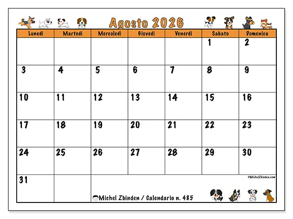 Calendario agosto 2026 da stampare - Cani entusiasti