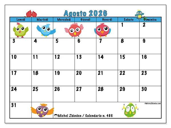 Calendario agosto 2026 da stampare - Uccelli divertenti