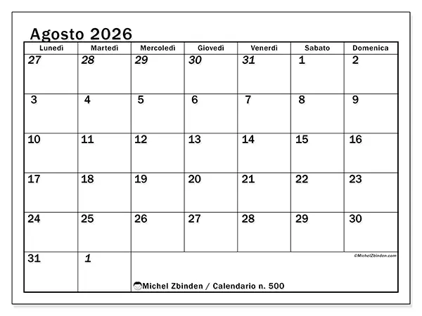 Calendario agosto 2026 da stampare - Pianificazione intensiva