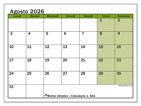 Calendario agosto 2026 da stampare - Organizzazione vivace