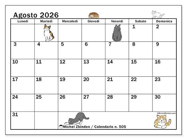 Calendario agosto 2026 da stampare - Vita di gatto