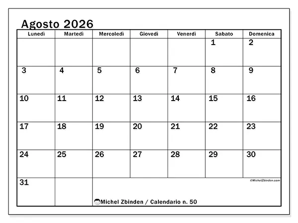 Calendario agosto 2026 da stampare - Pianificazione ottimale
