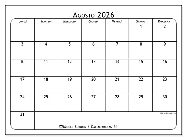 Calendario agosto 2026 da stampare - Pianificatore dei pasti