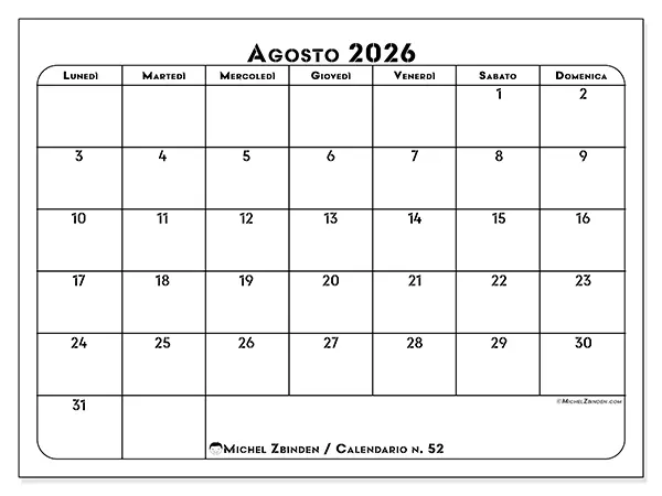 Calendario agosto 2026 da stampare - Organizzazione professionale