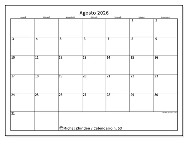 Calendario agosto 2026 da stampare - Orario efficiente