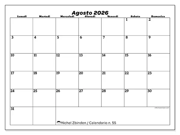 Calendario agosto 2026 da stampare - Organizzazione del tempo libero