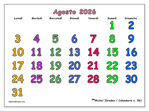 Calendario agosto 2026 da stampare - Momenti creativi