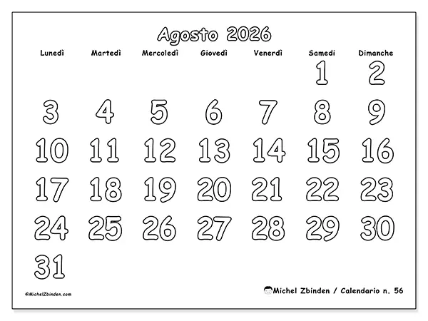 Calendario agosto 2026 da stampare - Colorare utile