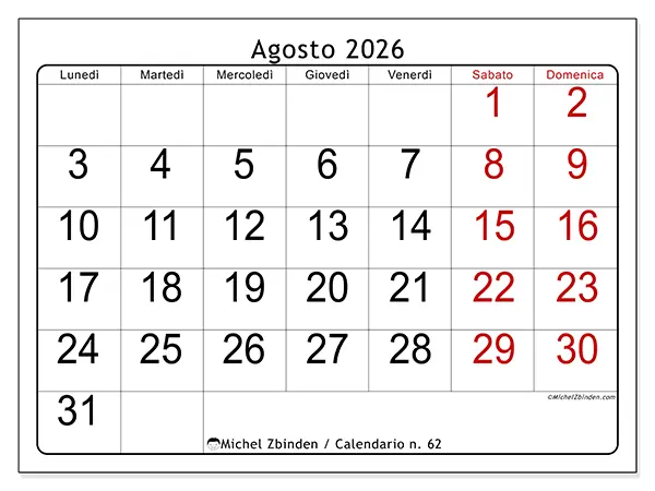Calendario agosto 2026 da stampare - Lettura rapida