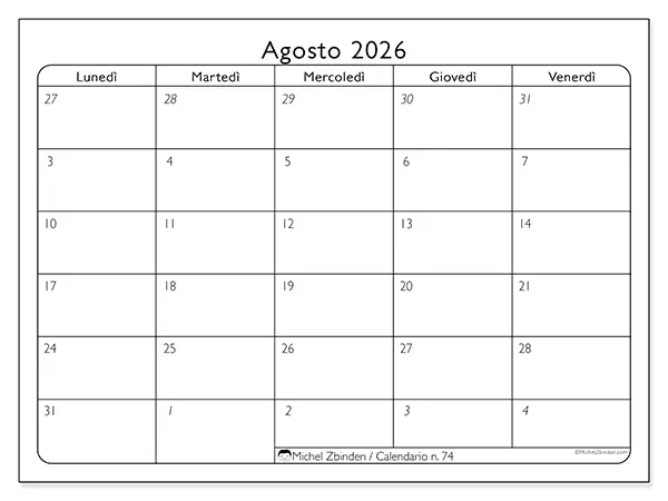 Calendario agosto 2026 da stampare - Organizzazione del lavoro