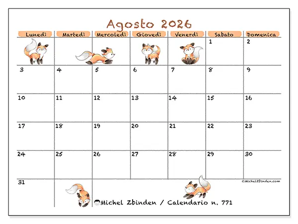 Calendario agosto 2026 da stampare - Disegni di volpi