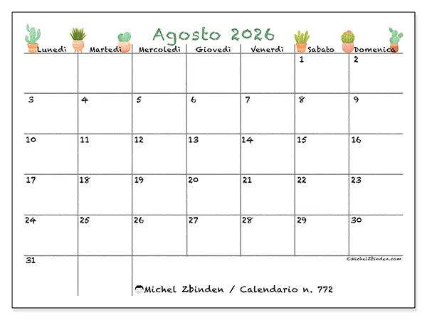 Calendario agosto 2026 da stampare - Cactus decorativi