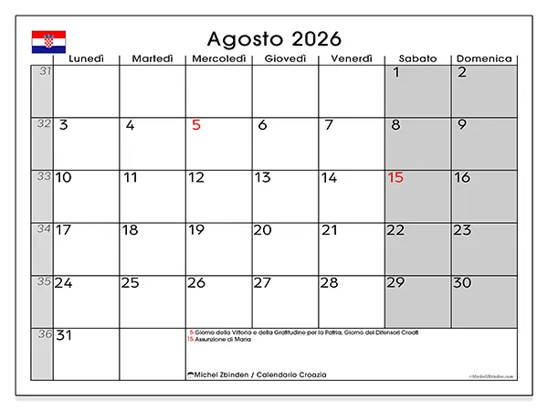 Calendario agosto 2026 da stampare - Croazia