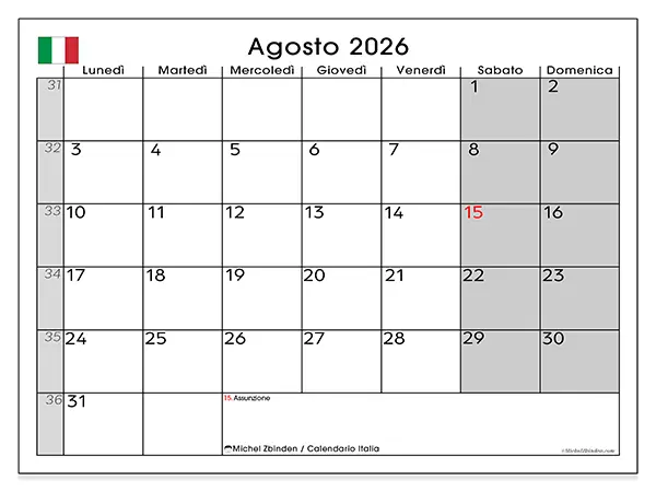 Calendario agosto 2026 da stampare - Italia