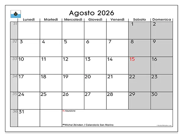 Calendario agosto 2026 da stampare - San Marino