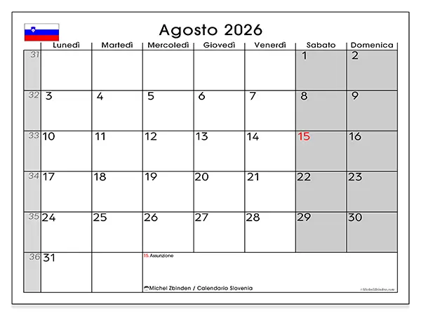 Calendario agosto 2026 da stampare - Slovenia