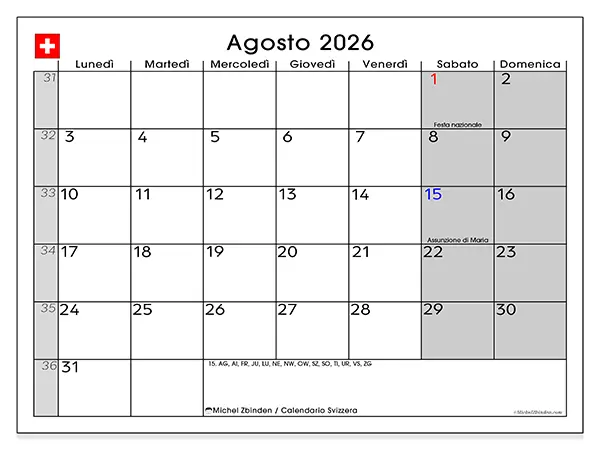 Calendario agosto 2026 da stampare - Svizzera