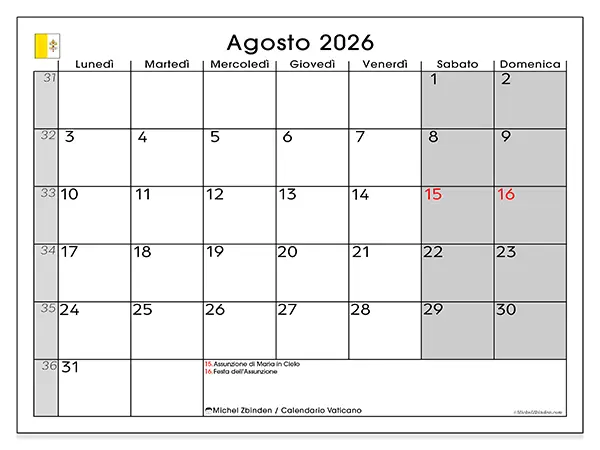 Calendario agosto 2026 da stampare - Vaticano