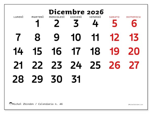 Calendario dicembre 2026 da stampare - Visione chiara