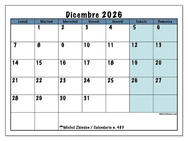 Calendario dicembre 2026 da stampare - Struttura per la scuola