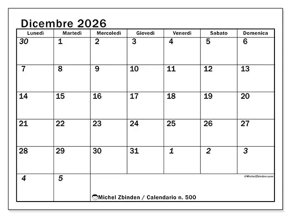 Calendario dicembre 2026 da stampare - Pianificazione intensiva