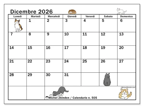 Calendario dicembre 2026 da stampare - Vita di gatto
