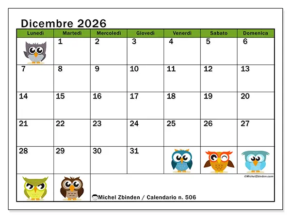 Calendario dicembre 2026 da stampare - Gufi divertenti