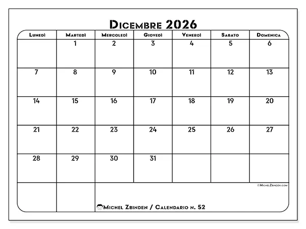 Calendario dicembre 2026 da stampare - Organizzazione professionale