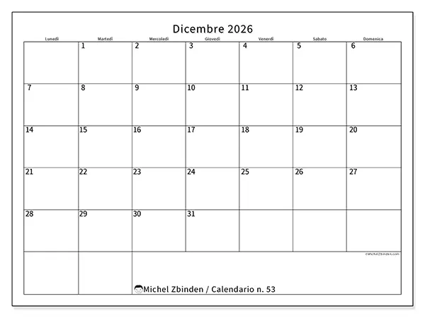 Calendario dicembre 2026 da stampare - Orario efficiente