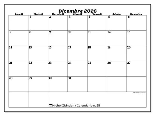 Calendario dicembre 2026 da stampare - Organizzazione del tempo libero