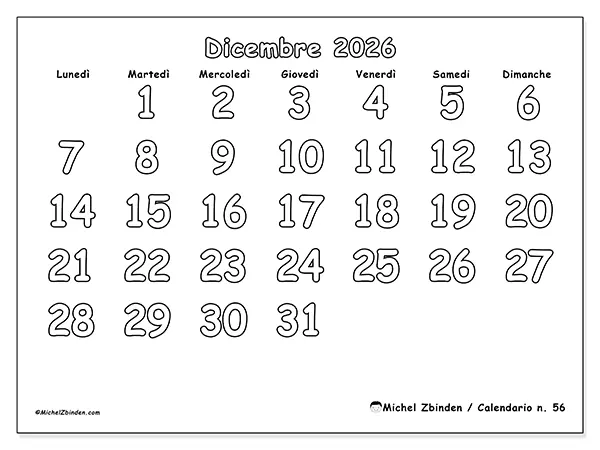 Calendario dicembre 2026 da stampare - Colorare utile