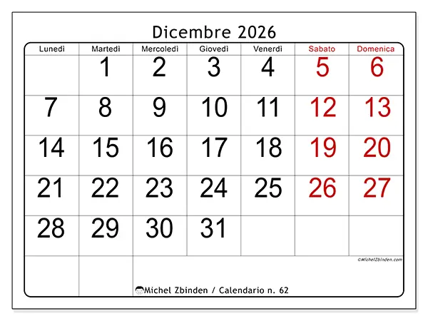 Calendario dicembre 2026 da stampare - Lettura rapida