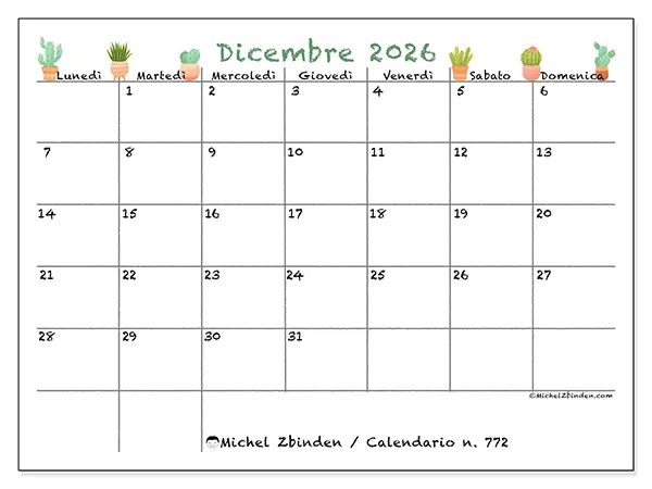Calendario dicembre 2026 da stampare - Cactus decorativi