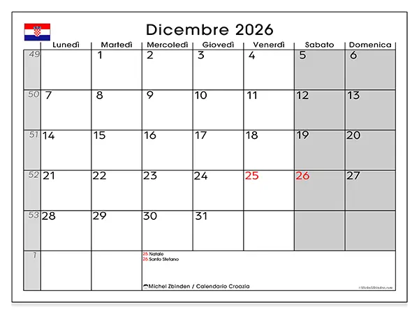 Calendario dicembre 2026 da stampare - Croazia