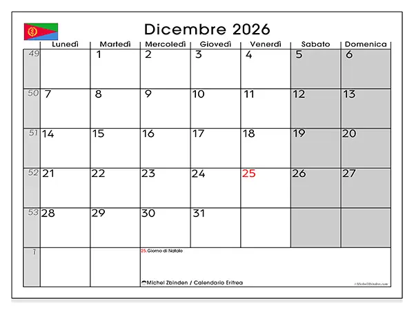 Calendario dicembre 2026 da stampare - Eritrea
