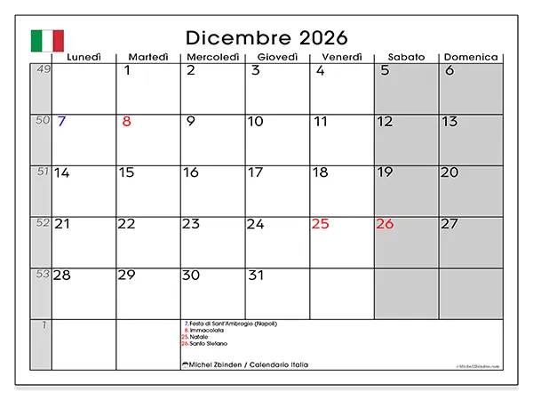 Calendario dicembre 2026 da stampare - Italia