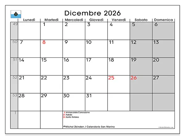 Calendario dicembre 2026 da stampare - San Marino