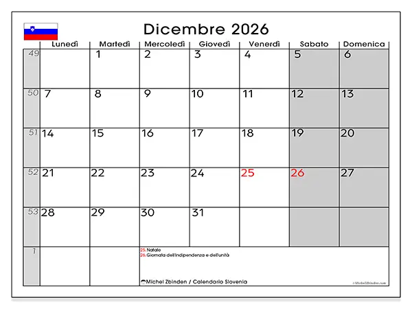 Calendario dicembre 2026 da stampare - Slovenia