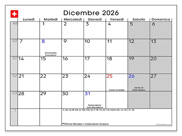 Calendario dicembre 2026 da stampare - Svizzera