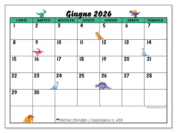 Calendario giugno 2026 da stampare - Piccoli dinosauri